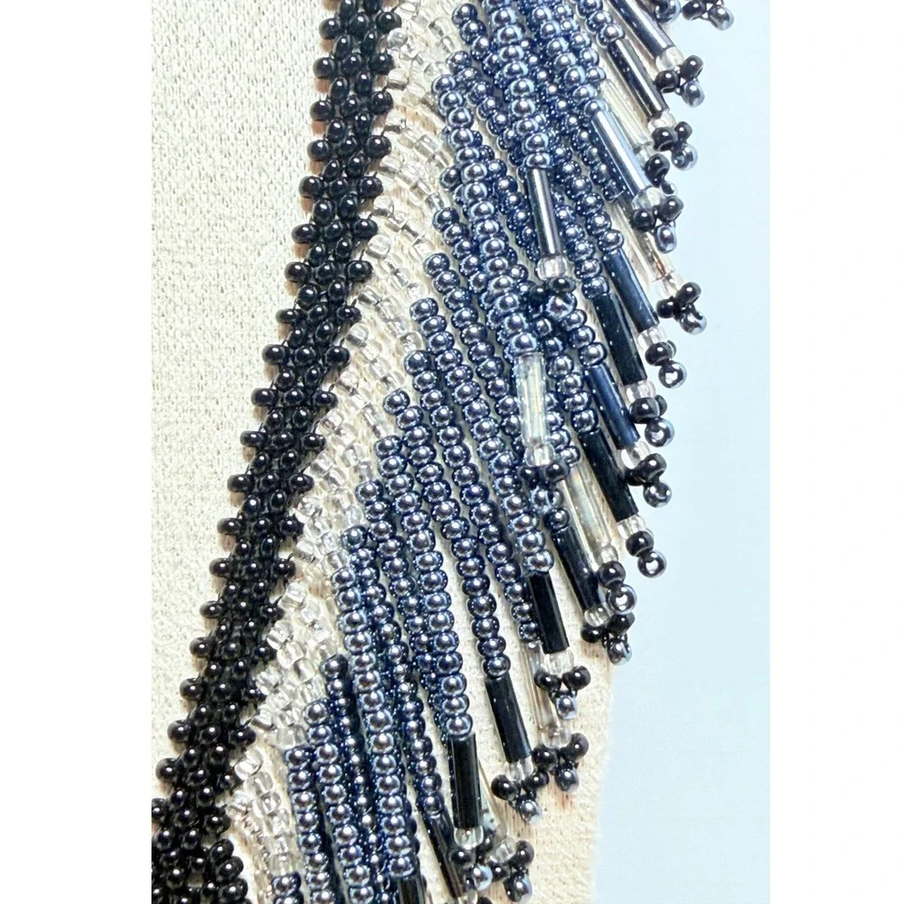 Black Blue Glass Beaded Fringe Bib Statement Necklace 19 Inch Toggle